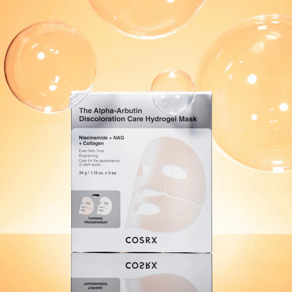 Arbutin Discoloration Hydrogel Mask da COSRX em caixa frontal com bolhas