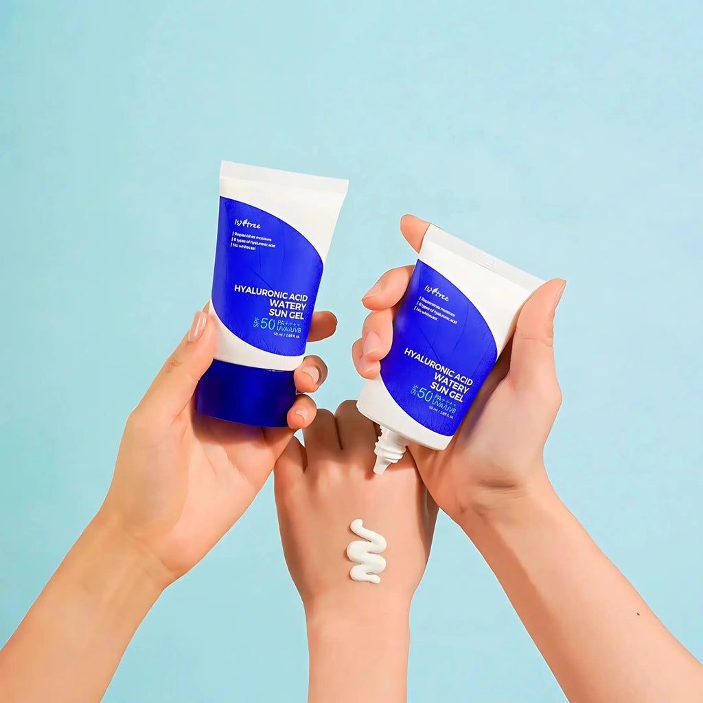 Isntree – Hyaluronic Acid Watery Sun Gel SPF50+, protetor solar coreano hidratante para pele seca, skincare Portugal, cosmética coreana