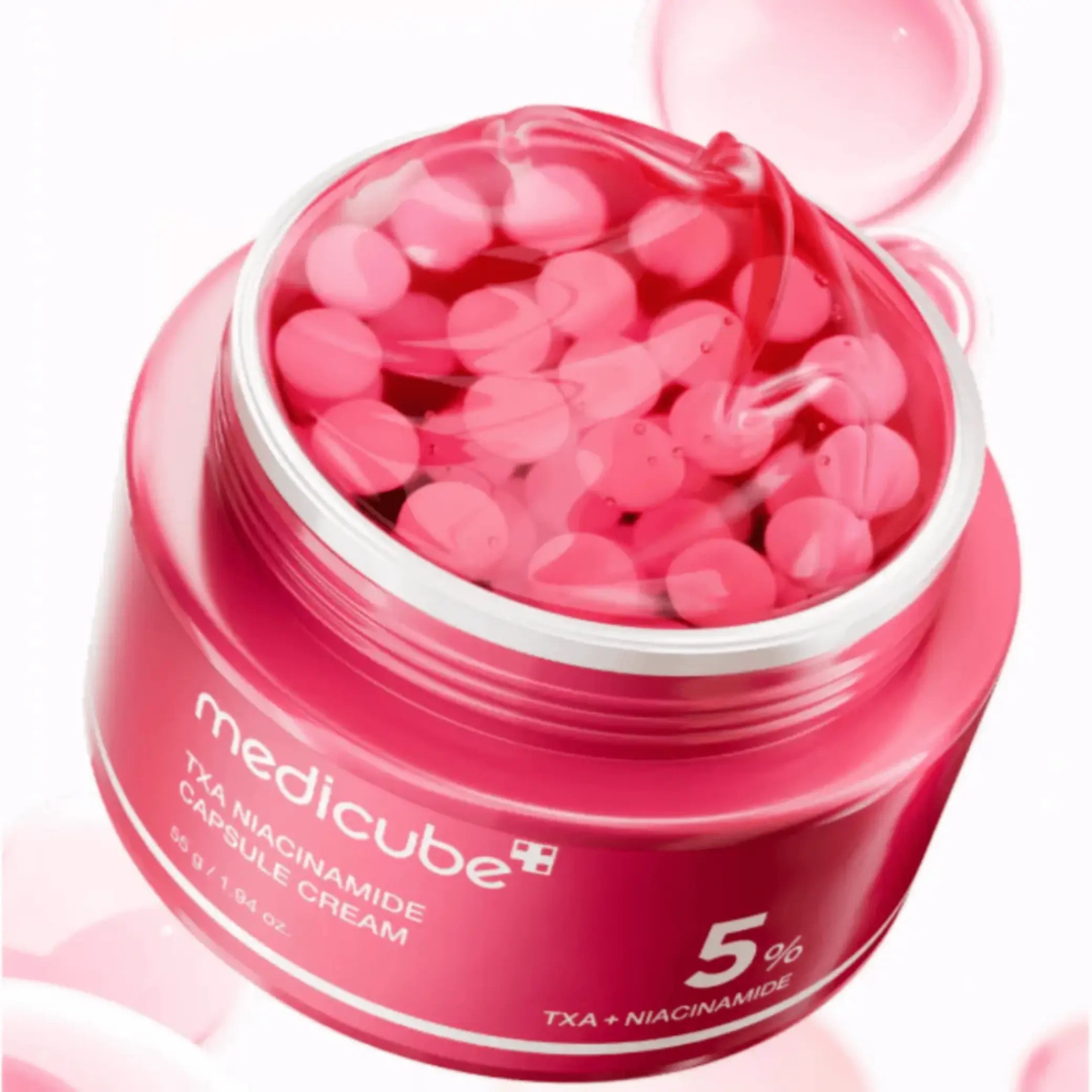 Medicube TXA Niacinamide Capsule Cream pote aberto com cápsulas uniformizadoras cosmética coreana