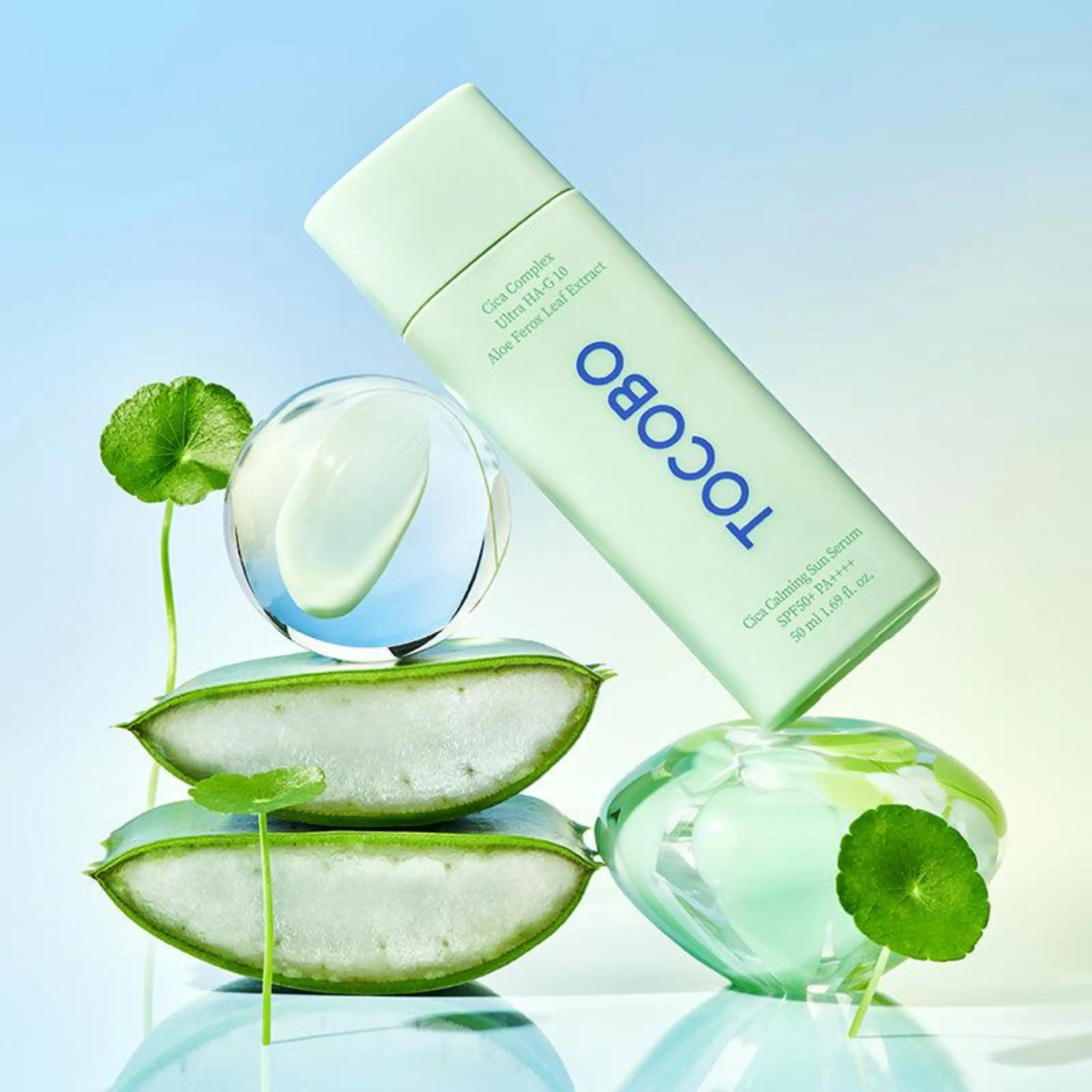 Tocobo – Cica Calming Sun Serum SPF50+, protetor solar facial coreano que hidrata e protege, skincare coreano disponível em Portugal, cosmética coreana