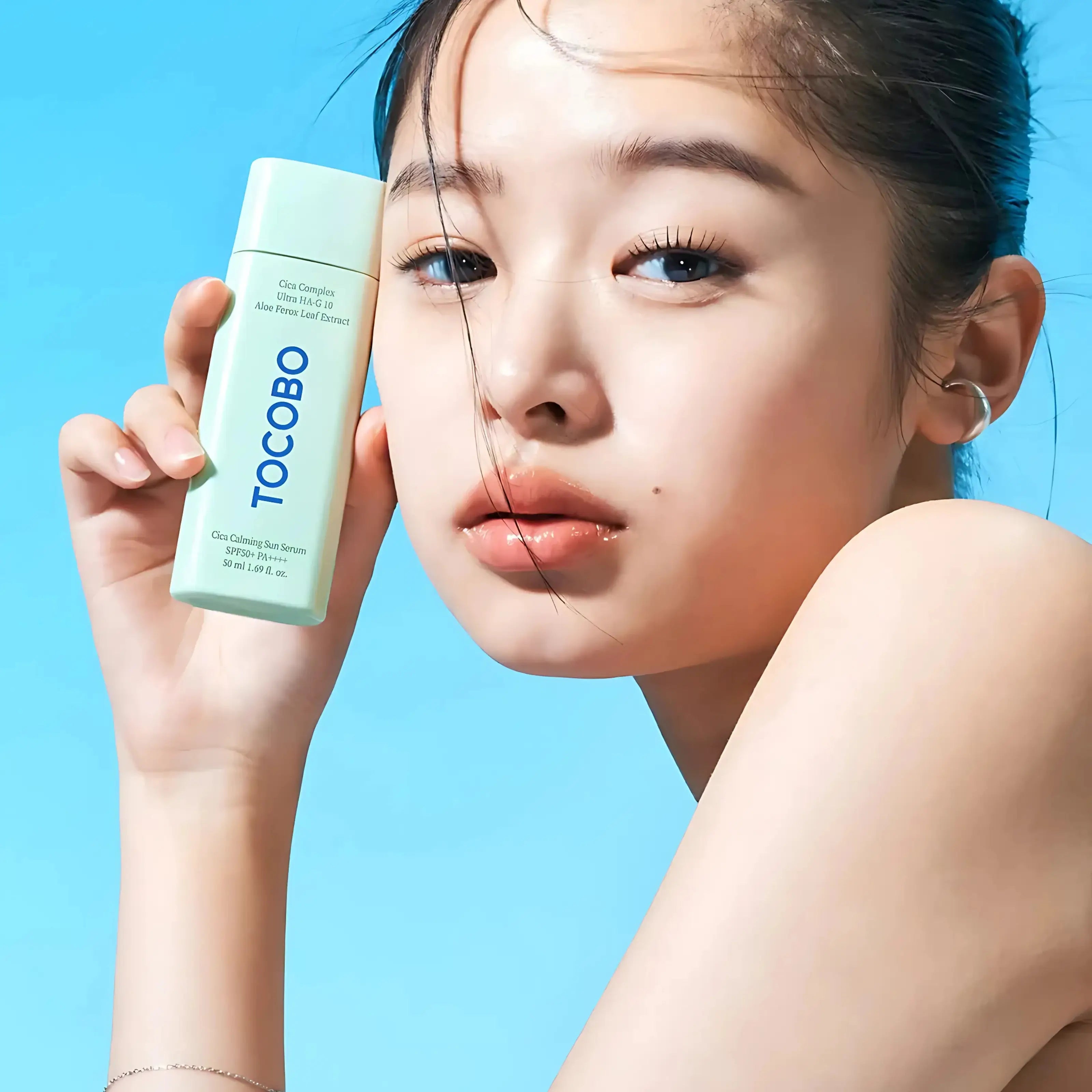 Tocobo – Cica Calming Sun Serum SPF50+, sérum solar coreano leve que hidrata e protege, skincare coreano disponível em Portugal, cosmética coreana