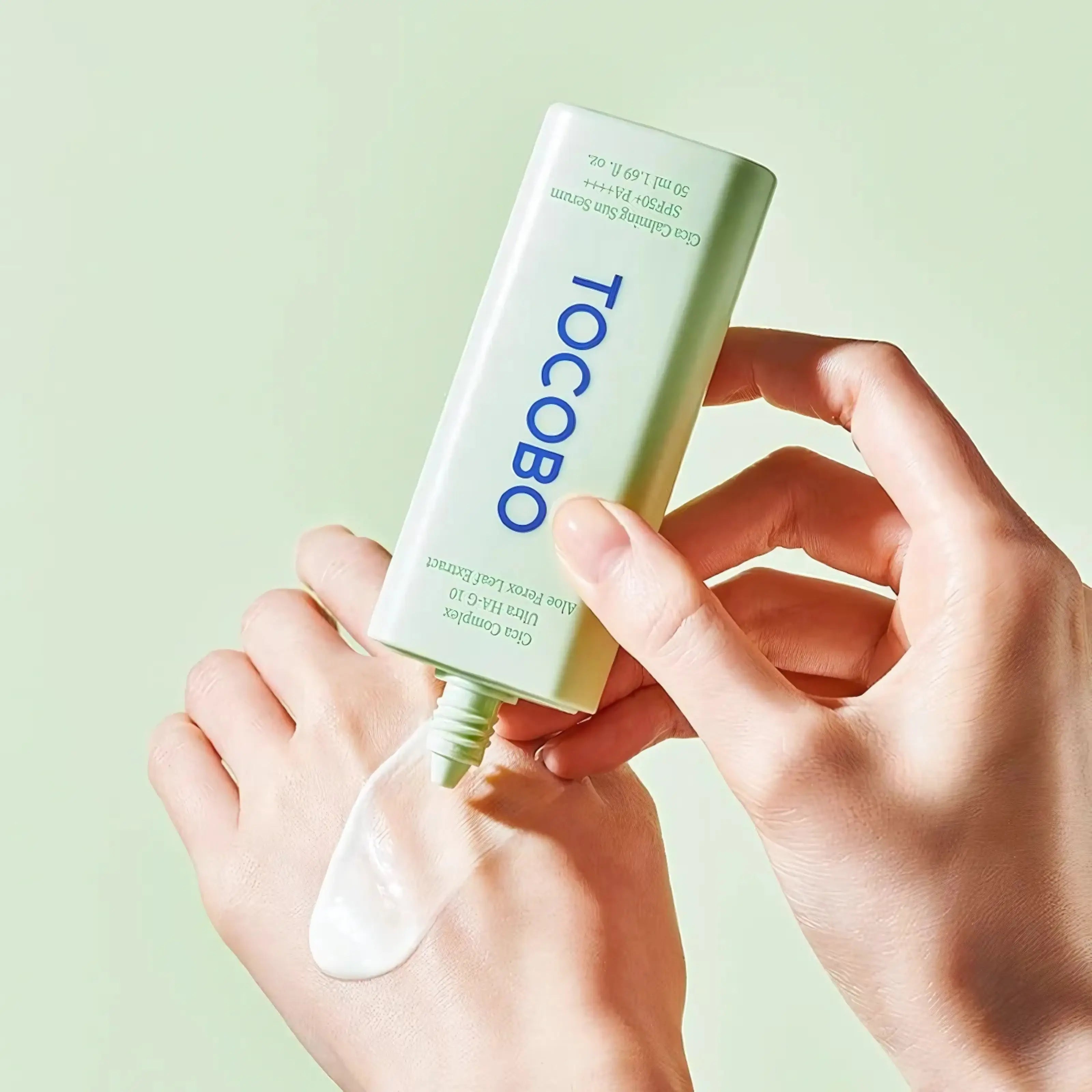 Tocobo – Cica Calming Sun Serum SPF50+, protetor solar coreano hidratante com centella asiatica, skincare facial coreano, Portugal cosmética coreana
